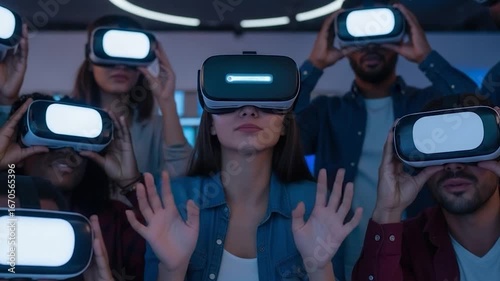 A group of diverse young people experiencing virtual reality headsets together in an immersive technology demonstration or event.