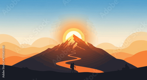 Sunrise Ascent: A Minimalist Mountain Landscape Illustration of Adventure