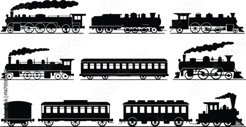 Collection of vintage steam train silhouettes with smoke