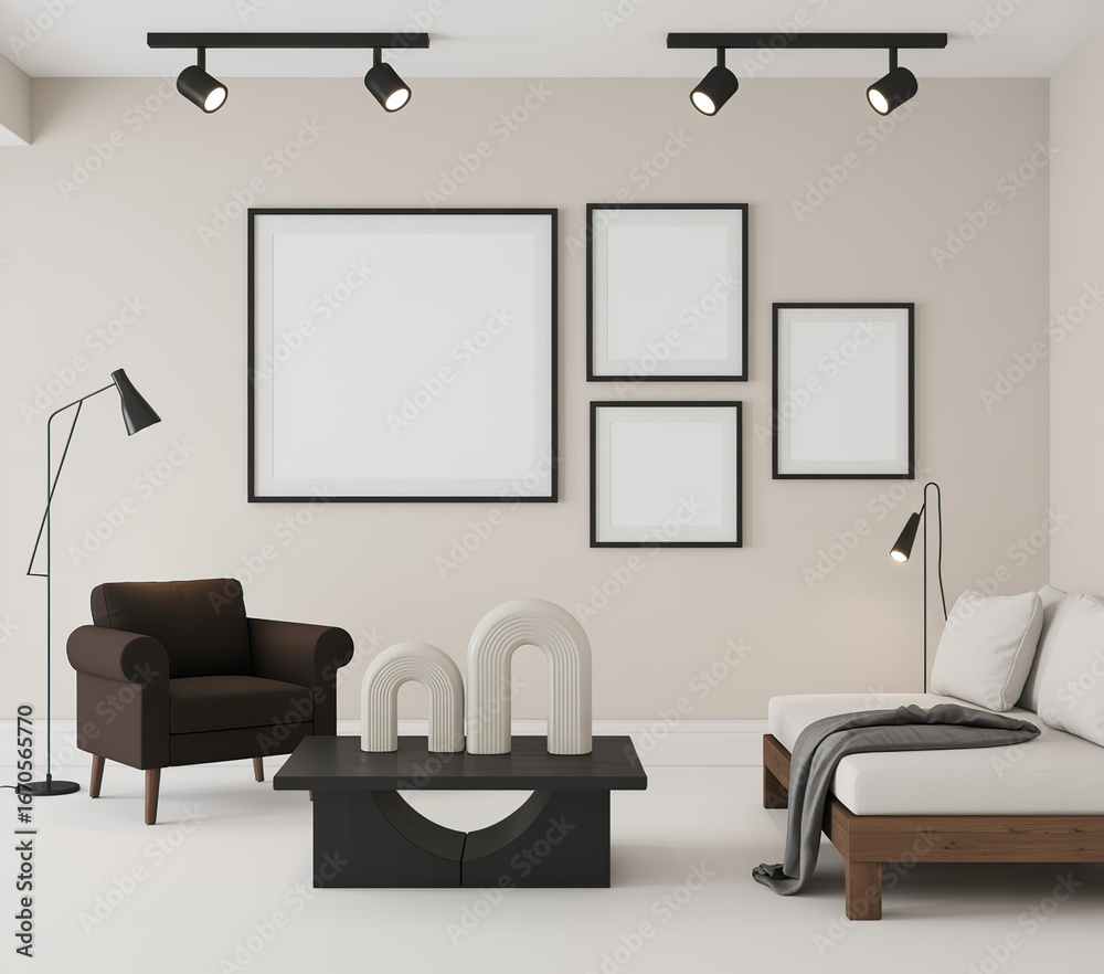 Fototapeta premium Modern Living Room Interior with ISO A Paper Size Frame Mockup on Wall 3D Render