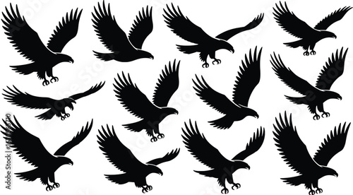 Collection of black eagle silhouettes in various flight poses