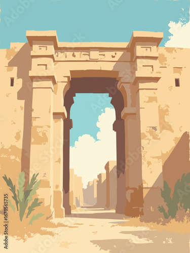 Cairo, Egypt – Papyrus scroll gateway with pharaonic cartouche and limestone blocks, warm floodlight wash; palette: papyrus tan, Nile blue, sandstone, bronze