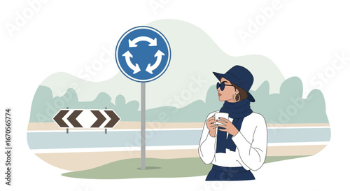 Stylish Woman Enjoying Coffee Break By Road Sign Reflecting on Urban Decisions