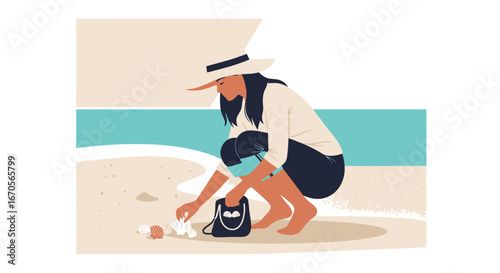 Stylish Woman Collects Seashells On Sandy Beach For Art Creative Project