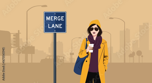 Stylish Woman On City Street Holding Coffee Cup Near Merge Lane Sign