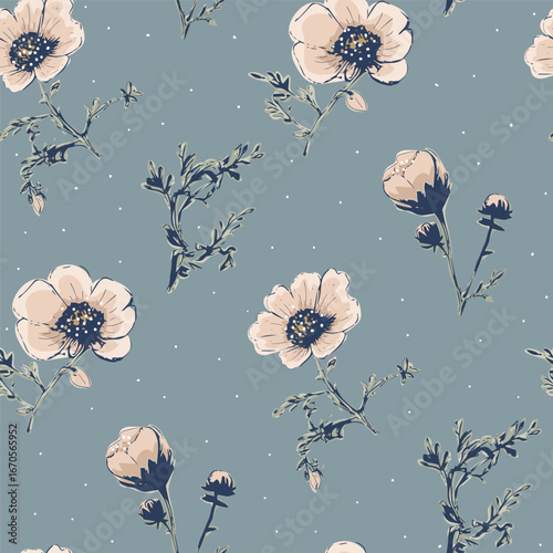 Cute floral seamless pattern with silhouettes of meadow wild herbs flowers. Flower vector illustration background. Print in rustic vintage style, textile or wallpapers.