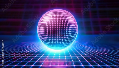futuristic golf ball on a glowing grid with vibrant pink and blue lights modern and abstract technology concept ideal for digital art projects
