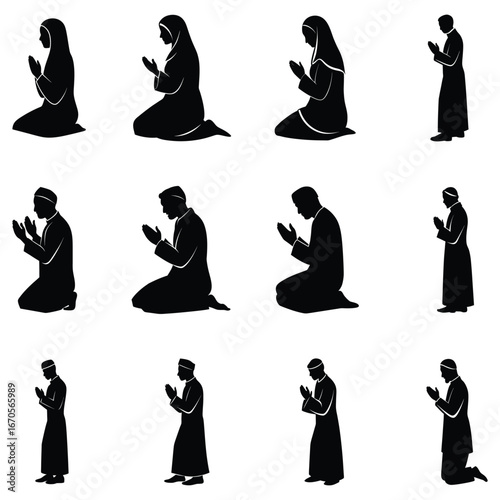 set of silhouettes of women and men praying for God