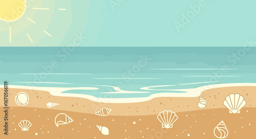 Sunny Beach Scenery With Seashells And Gentle Waves Vector Illustration