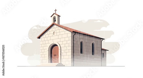 Stylized Building Illustration Small Church With a Bell Tower and Christian Cross