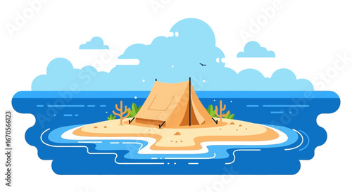 Stylized beach camping scene featuring a tent on a small sandy island illustration