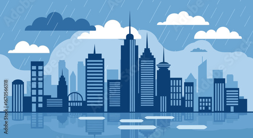 Stylized Cityscape Under Rainy Sky, Serene Water Reflection Architecture