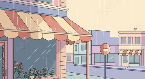 Stylized Cartoon Rainy Day on Main Street with Pastel Buildings and Flower Shop