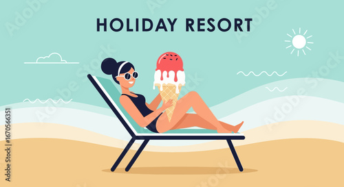Summertime Blissful Getaway Woman Relaxing With Ice Cream on the Beach