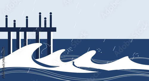 Stylized Coastal Scene With Pier Waves And Rain Showcasing Minimalist Design