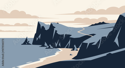 Stylized coastal landscape illustration featuring cliffs, beach, and ocean view
