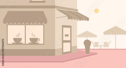 Stylized Coffee Shop Exterior Illustration With Outdoor Seating and Muted Colors