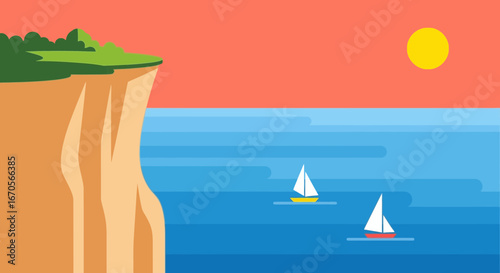 Stylized Coastline Scene At Sunset With Sailboats Cruising On Blue Waters