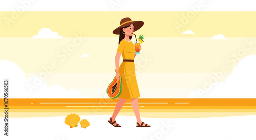 Summer Getaway Woman Enjoying Tropical Beverage And Strolling By The Sea