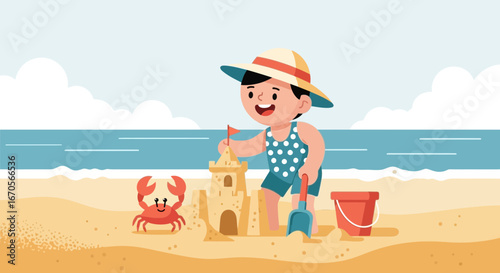 Summer Fun Little Boy Building Sandcastle On Tropical Beach
