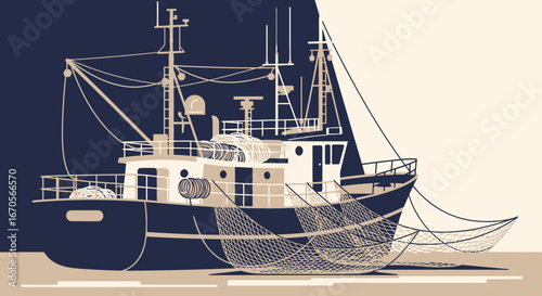 Stylized fishing boat illustration, nautical vessel with fishing nets for commercial catches