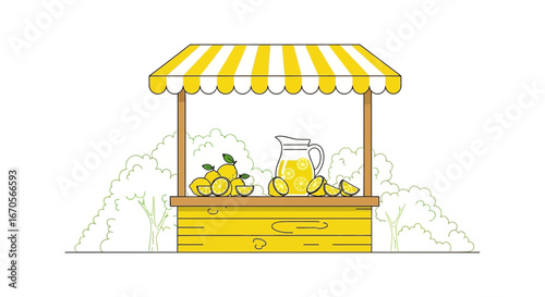 Summer Fresh Lemonade Stand With Ripe Yellow Lemons And Pitcher