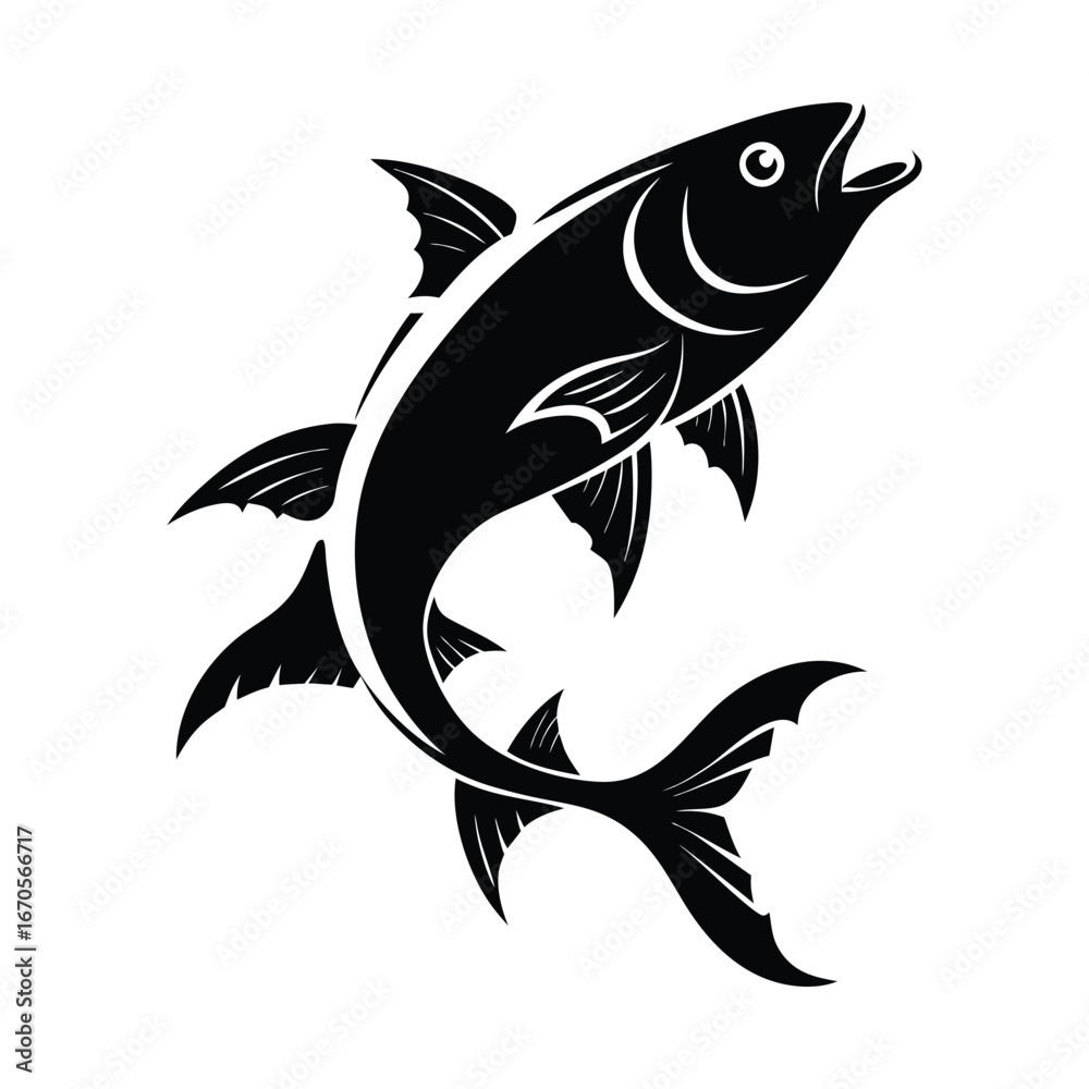 Fototapeta premium Stylized black and white illustration of a leaping fish