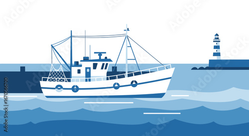 Stylized Fishing Vessel At Sea Near A Striking Lighthouse Under Clear Sky