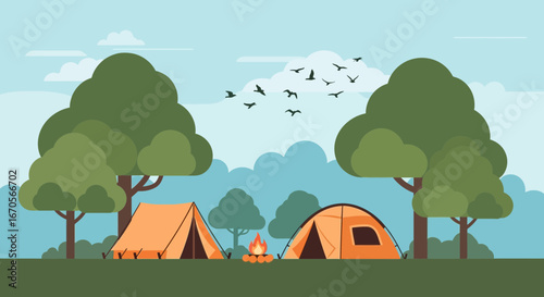 Summer Adventure Outdoor Camping With Tent And Bonfire Under Flying Birds