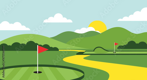 Stylized Golf Course Landscape With Bright Sun And Rolling Green Hills