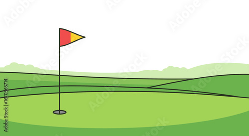 Stylized Golf Course Illustration With A Green Landscape On A Sunny Day