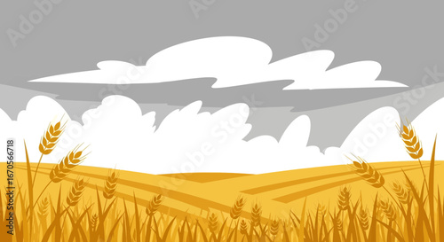 Stylized Golden Wheat Field Under A Cloudy Sky Landscape Graphic