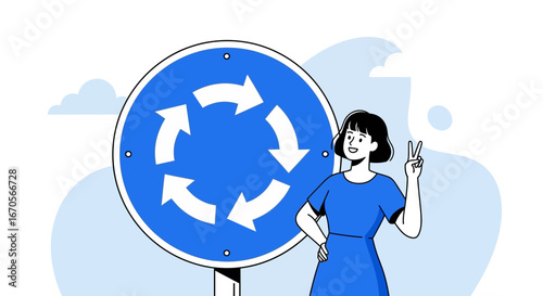 Successful Navigation Of Road Junction With Roundabout And Woman Gesturing Victory