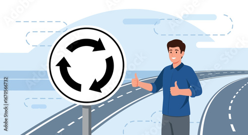 Successful Navigation Through Roundabout With Thumbs Up And Clear Traffic Sign
