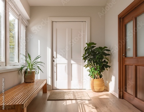 bright interior entrance hallway with wooden bench plants white door sunlight and minimal decor