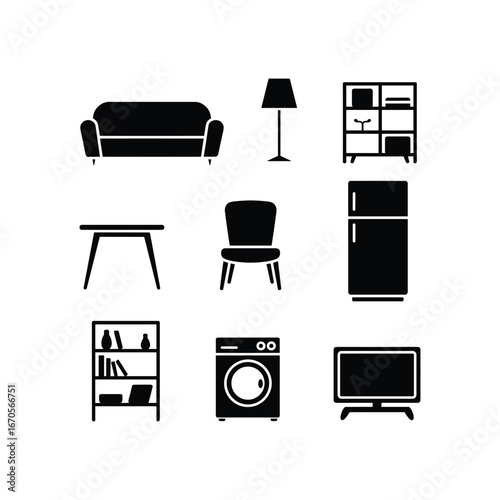 Collection of black silhouette furniture and appliances on a white background