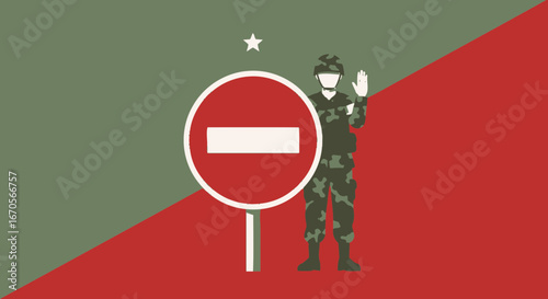Stylized graphic featuring a soldier behind a stop sign symbolizing restriction or control