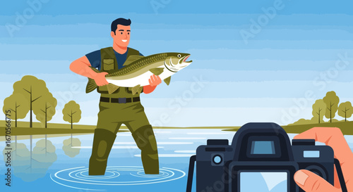 Successful Fishing Trip Documented Near The Lake Under A Bright Sky