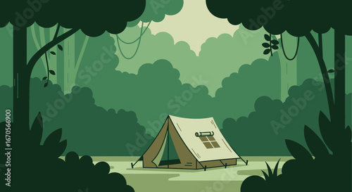 Stylized illustration of a camping tent nestled within a lush green forest setting