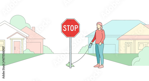 Suburban Stroll Respecting Regulations Woman Walking Dog Past Stop Sign Compliance