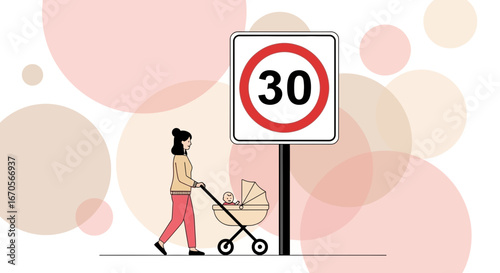 Stylized Illustration Of A Mother Walking With Her Child Next To A Sign