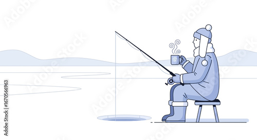 Stylized illustration of a person ice fishing with a mug of hot drink in winter scenery
