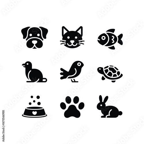 Collection of nine black and white pet icons including dog cat fish bird turtle rabbit paw print and food bowl