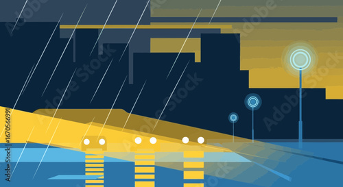 Stylized illustration of a rainy urban landscape with car lights and city skyline