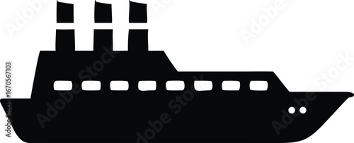 Black silhouette of a ferry boat with multiple funnels and windows on a white background ship vessel