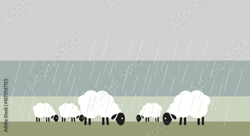 Stylized Illustration Of Sheep Grazing In The Rain On A Pastureland