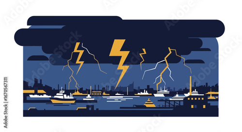 Stylized Lightning Storm Over A Modern Harbor City During A Powerful Weather Event