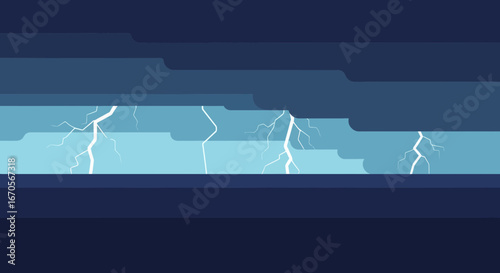 Stylized Lightning Storm Over Flat Landscape During Dark Night Vector Graphic