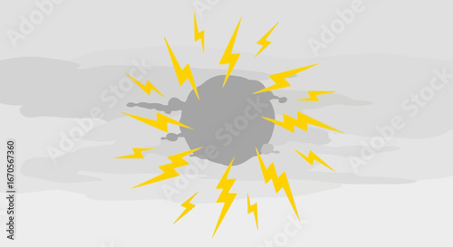 Stylized lightning strikes emanating from a central gray explosion graphic