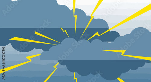 Stylized Weather Illustration Showing Dark Clouds With Bright Lightning Bolts